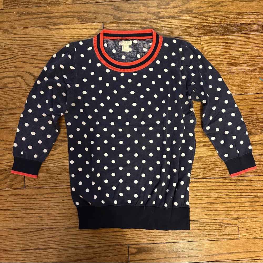 J. Crew Navy Polka Dot 3/4 Length Crewneck Sweater